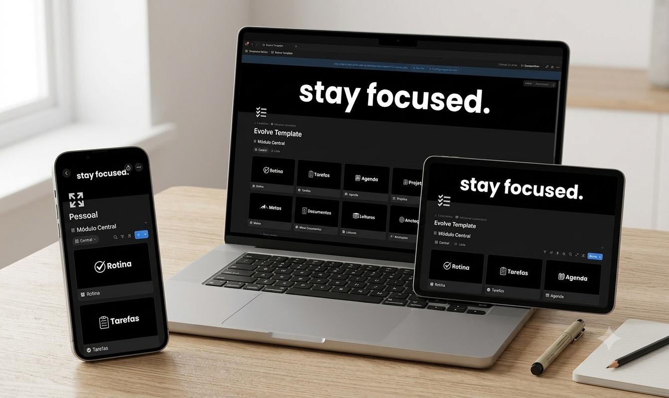 Evolve Template aberto no computador, tablet e celular